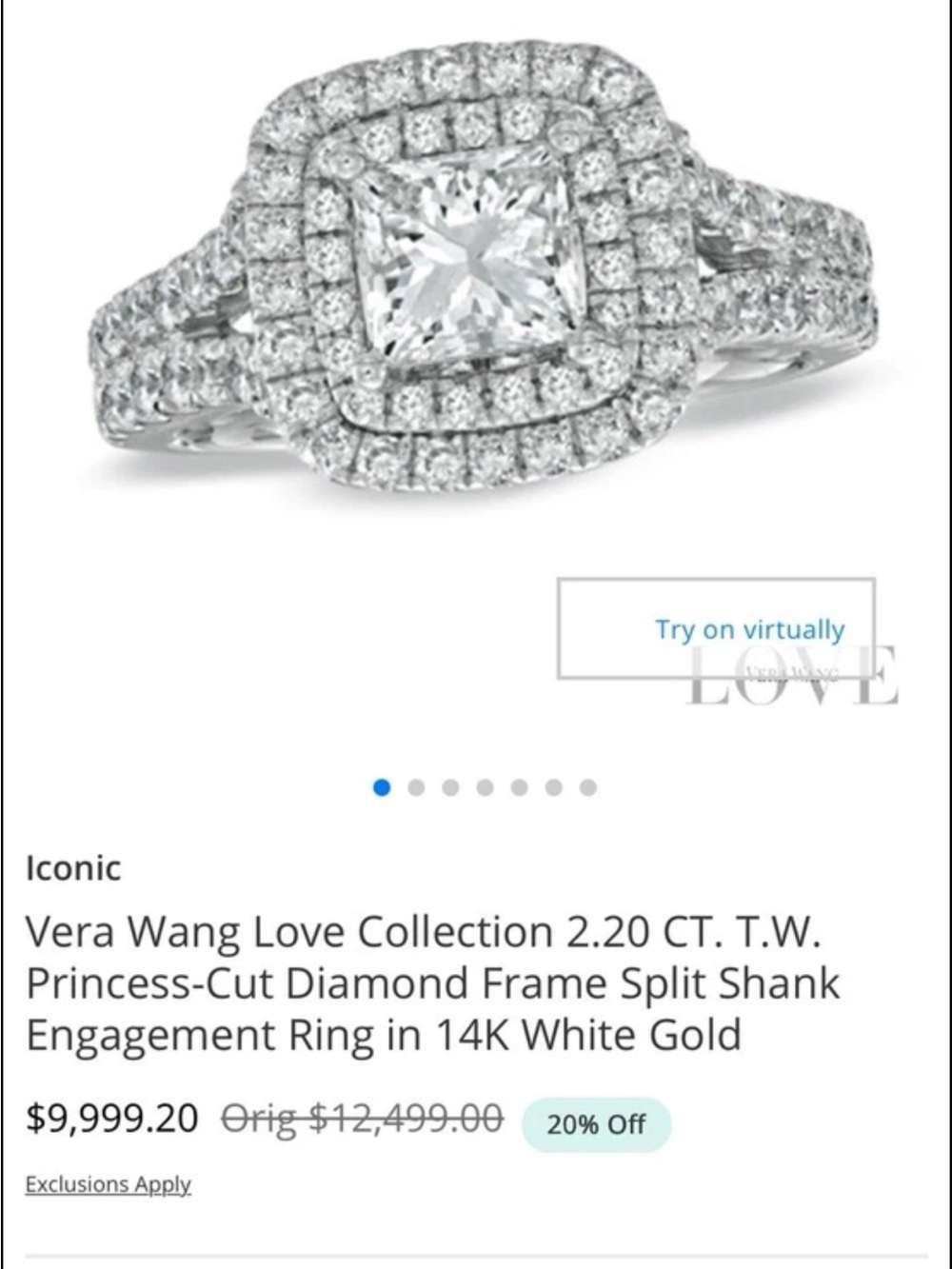 Vera Wang Diamond Engagement Ring - Princess Cut 14k White Gold Size 7